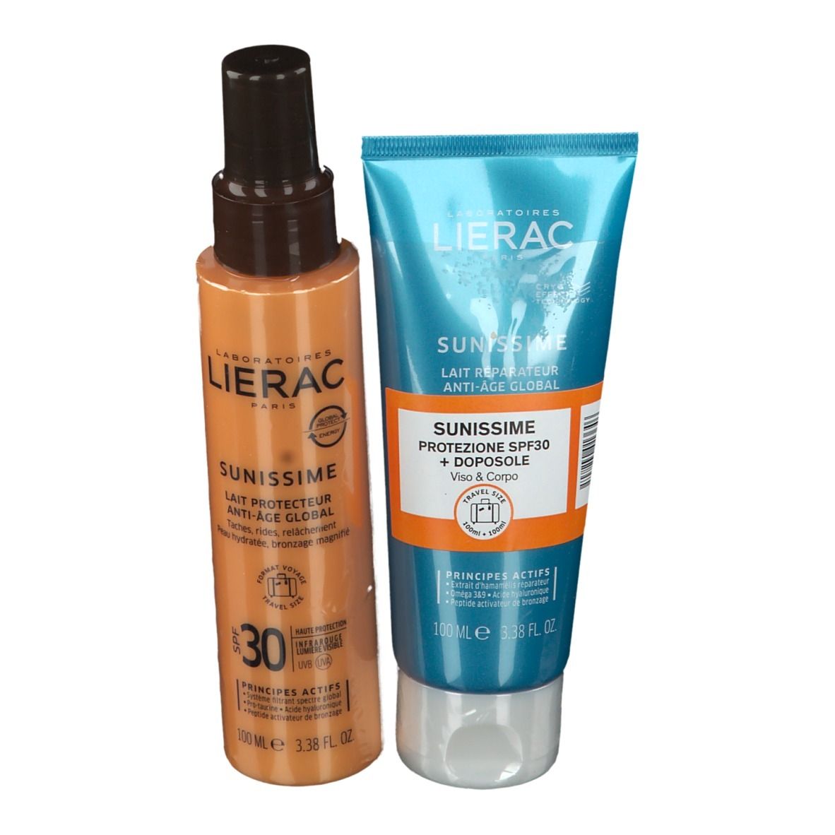 Due prodotti LIERAC SUNISSIME: protezione SPF30 e doposole. Flacone spray arancione e tubo blu. Scritte: SUNISSIME, SPF30, Après-soleil.