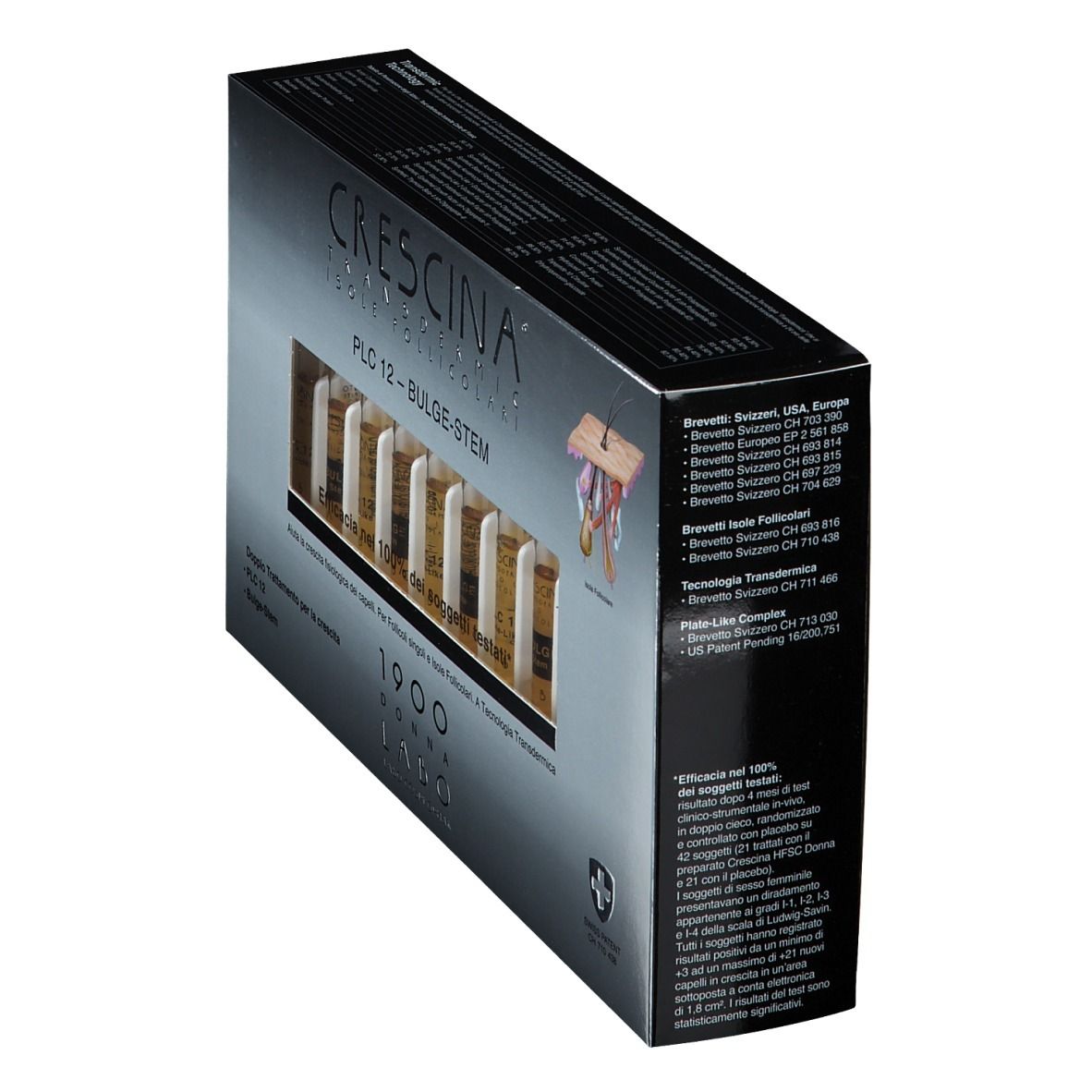 Scatola in diagonale. Scritta: Crescina PLC 12 -BULGE-STEM. Swiss Patent. Contiene fiale.