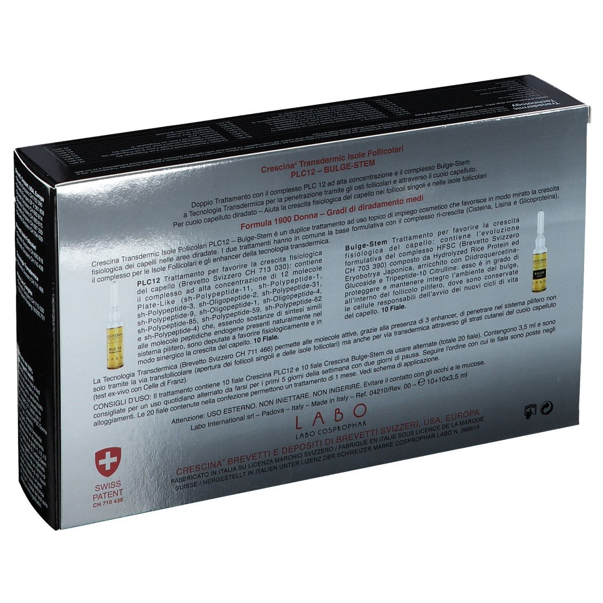 Retro della scatola. Testo: Crescina Transdermic. Swiss Patent. Ingredienti.