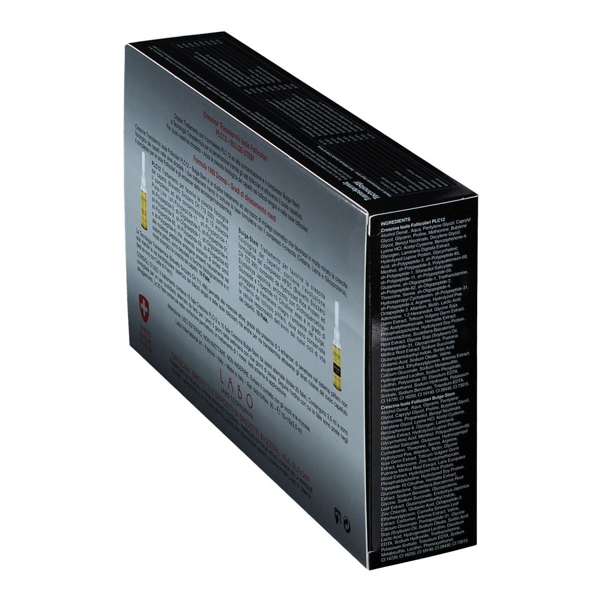 Scatola in diagonale. Retro con testo: Crescina Transdermic. Ingredienti.