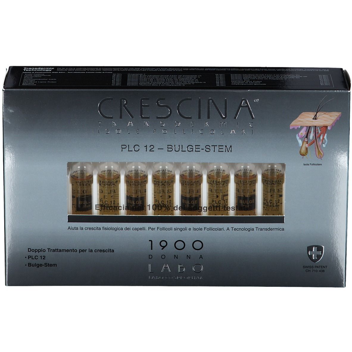 Scatola con fiale. Scritta: Crescina PLC 12 -BULGE-STEM. Swiss Patent.