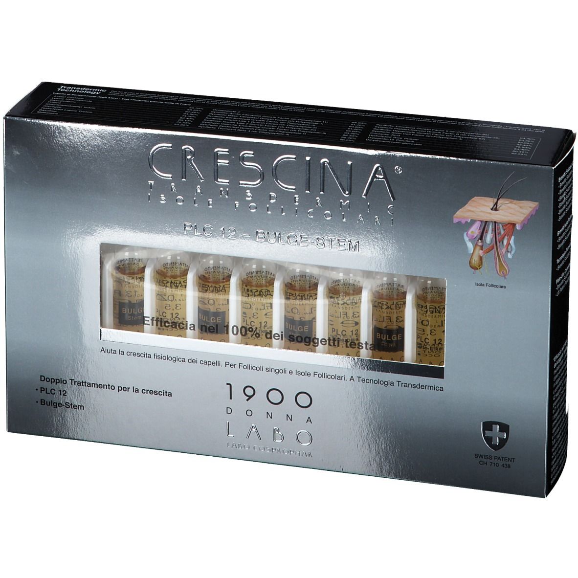 Scatola con fiale. Scritta: Crescina PLC 12 -BULGE-STEM. Swiss Patent.