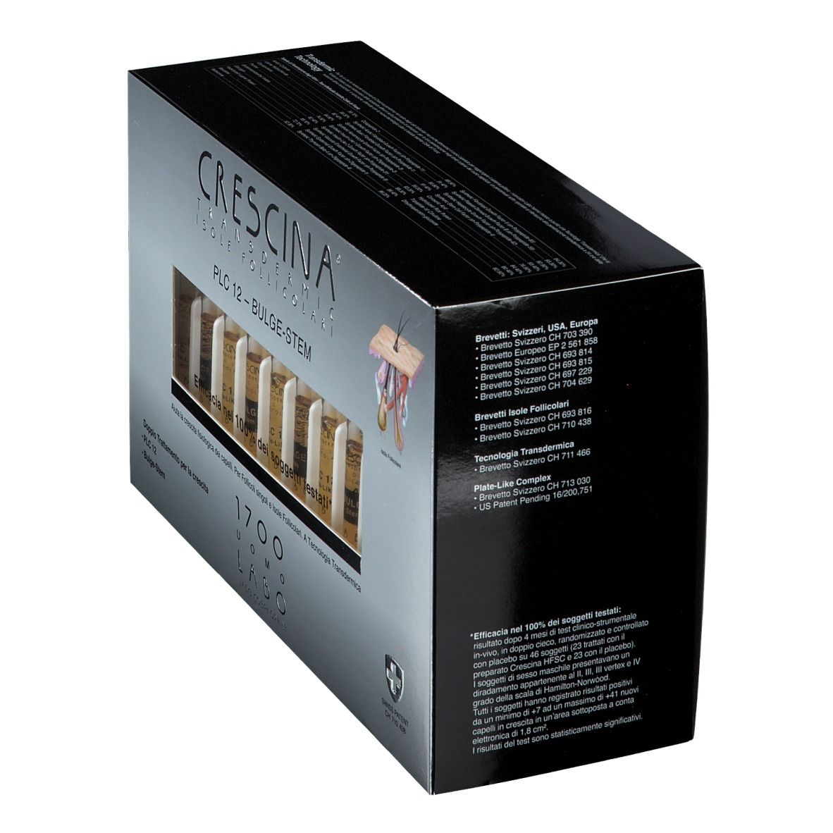 Scatola CRESCINA in diagonale. Nome e logo del prodotto. PLC12 - BULGE-STEM. Logo Swiss Made. Testo laterale.