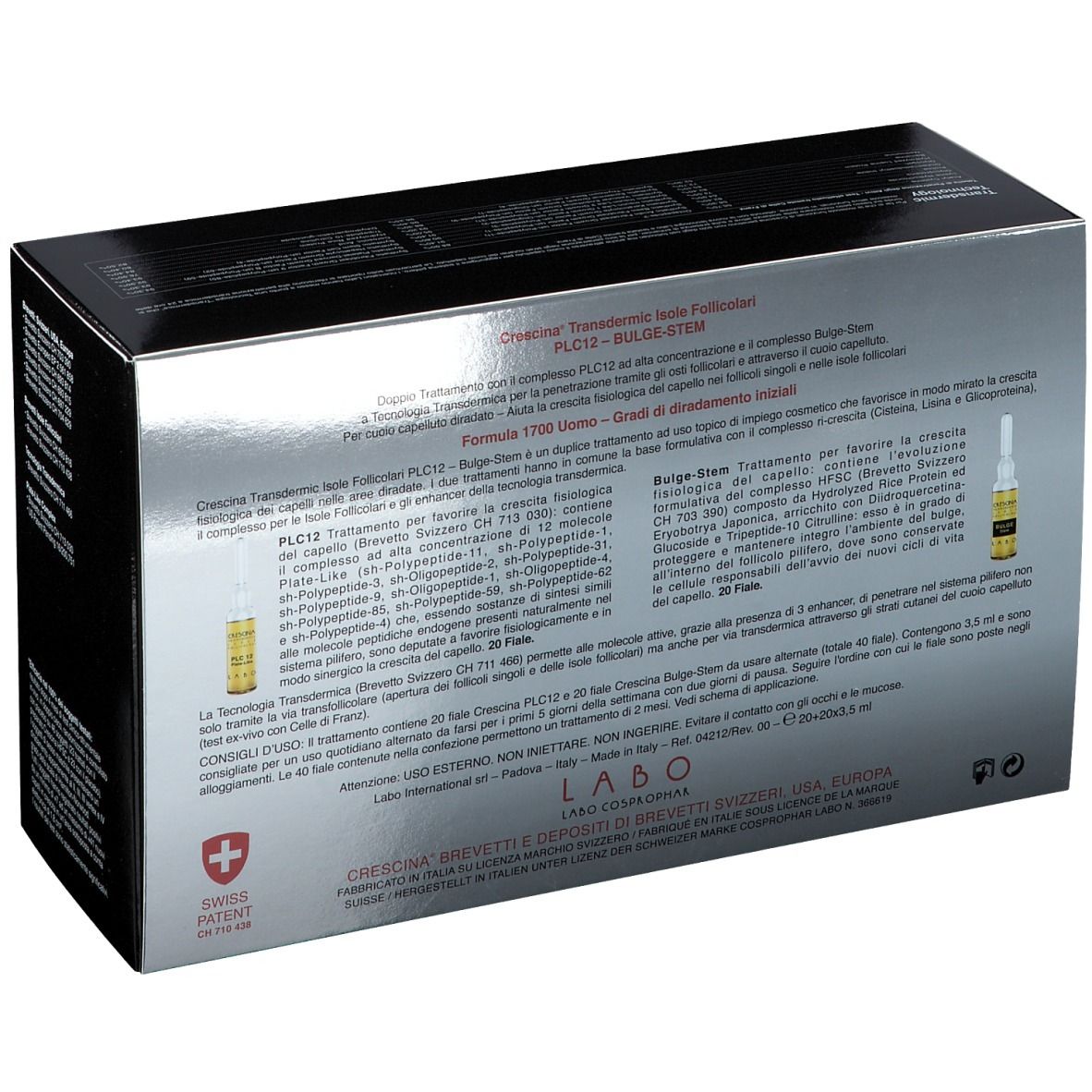 Retro della scatola CRESCINA. Informazioni e loghi del prodotto. PLC12 - BULGE-STEM. Logo Swiss Made.