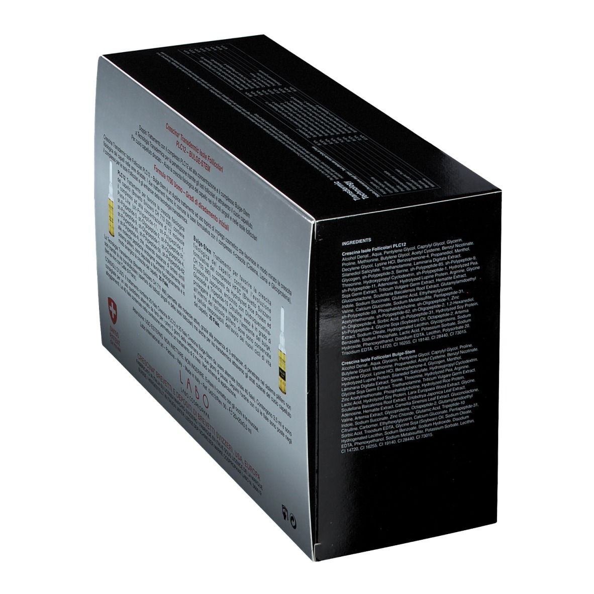 Scatola CRESCINA in diagonale. Informazioni e loghi del prodotto. PLC12 - BULGE-STEM. Logo Swiss Made.