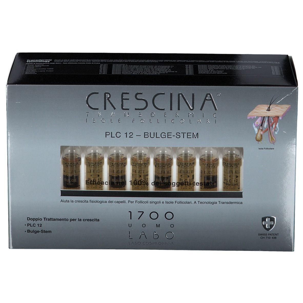 Scatola CRESCINA con fiale. PLC12 - BULGE-STEM. Finestra con fiale visibili. Logo Swiss Made.