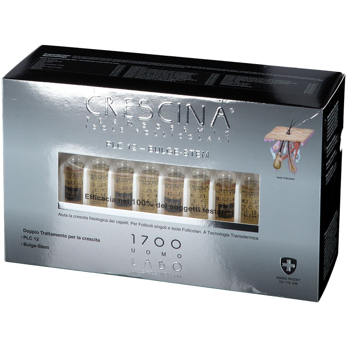 Scatola CRESCINA con fiale. PLC12 - BULGE-STEM. Finestra con fiale visibili. Logo Swiss Made.