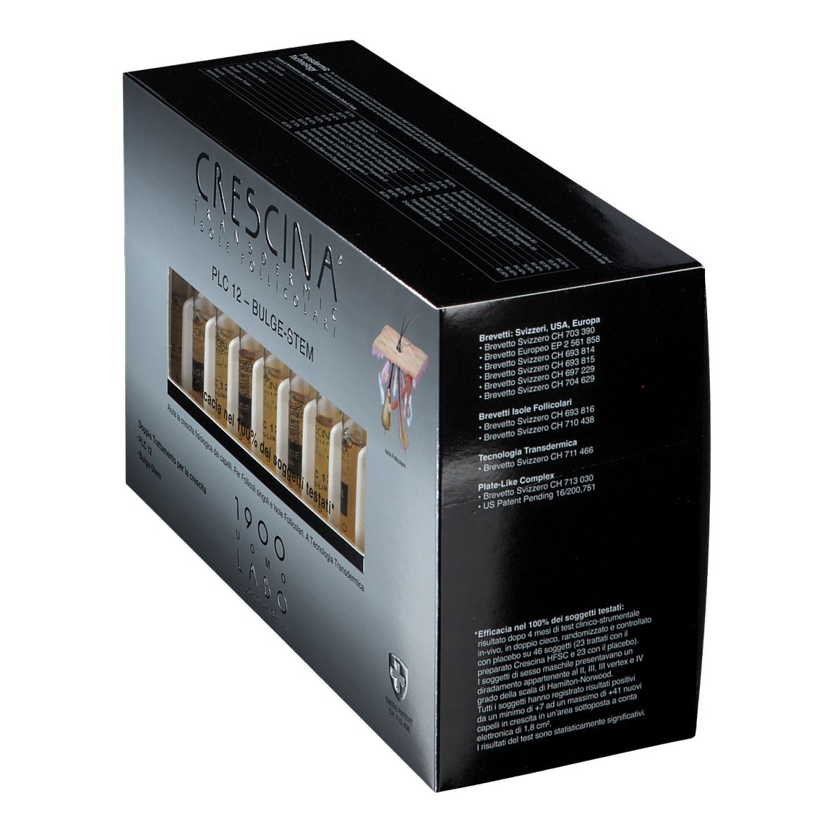 Scatola CRESCINA Transdermic PLC12 Bulge-Stem, vista laterale. Informazioni e logo.