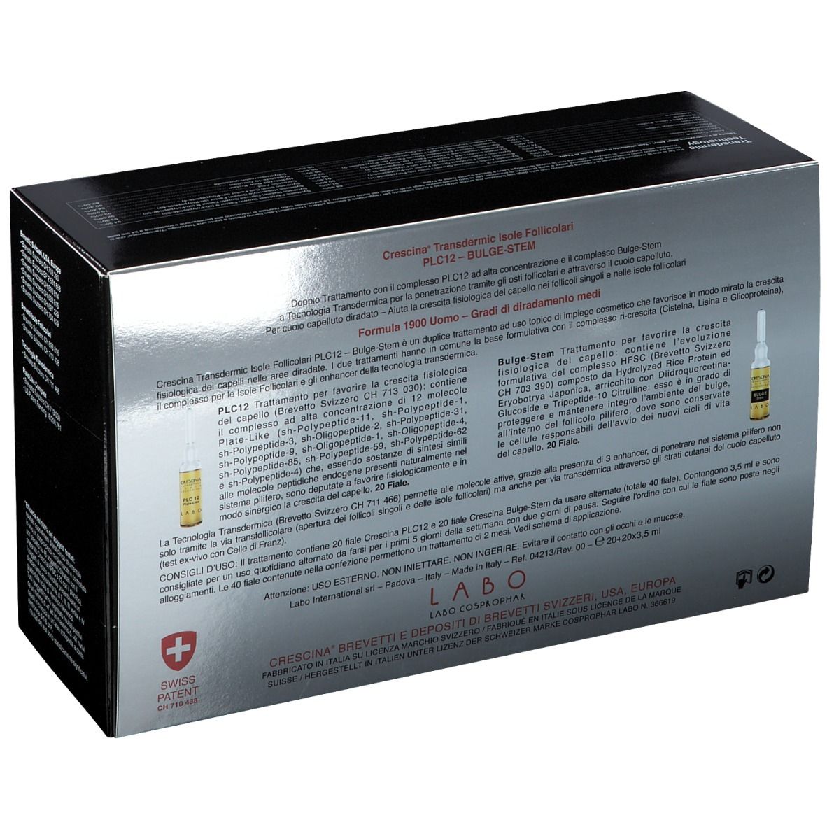 Retro della scatola CRESCINA Transdermic PLC12 Bulge-Stem. Testo e logo.
