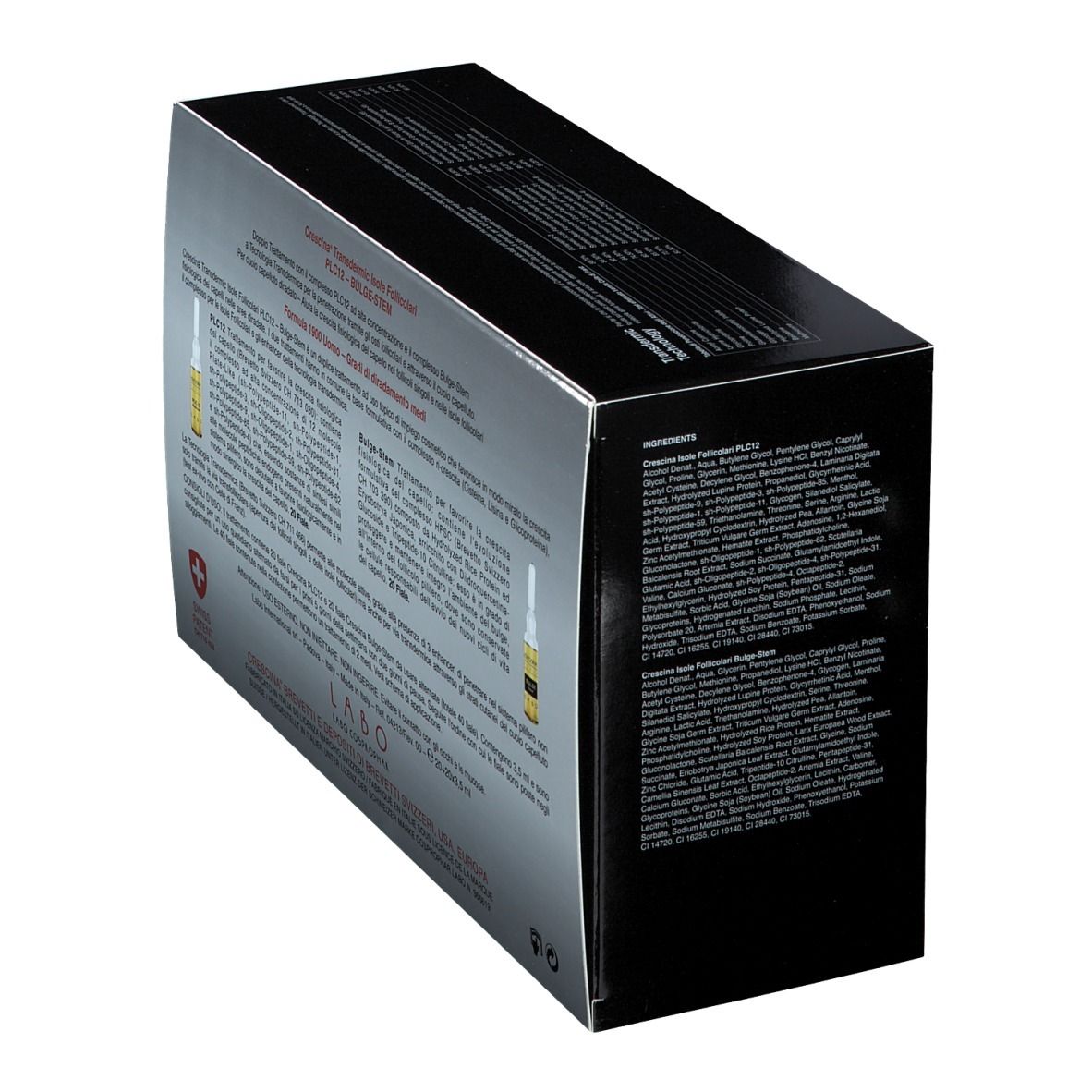 Scatola CRESCINA Transdermic PLC12 Bulge-Stem, vista laterale. Testo e logo.