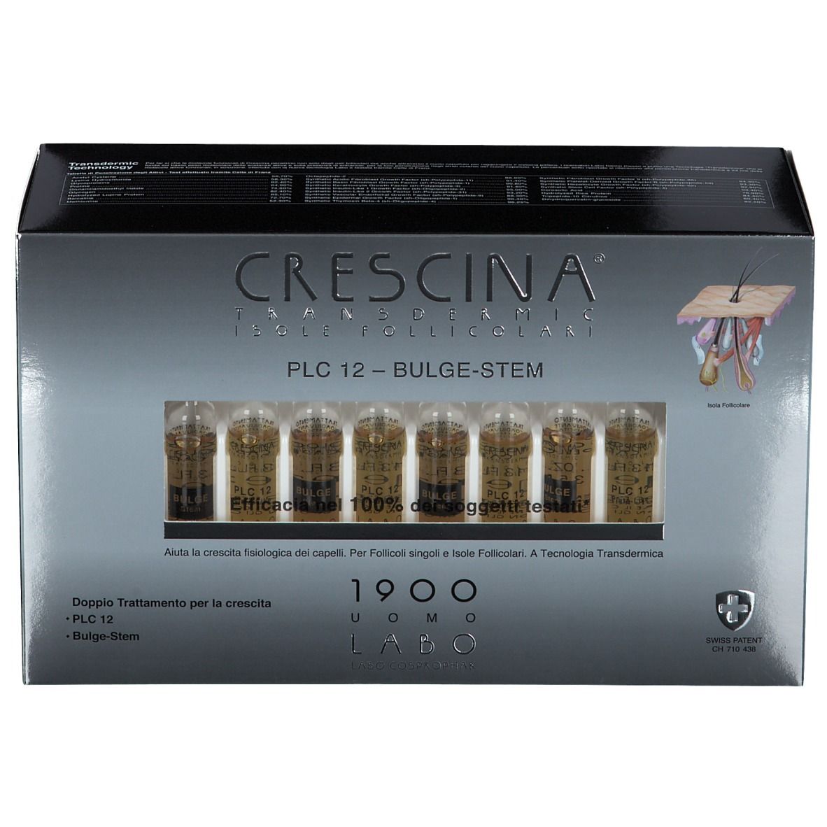 Scatola CRESCINA Transdermic PLC12 Bulge-Stem con fiale visibili. Scritta e logo del marchio.