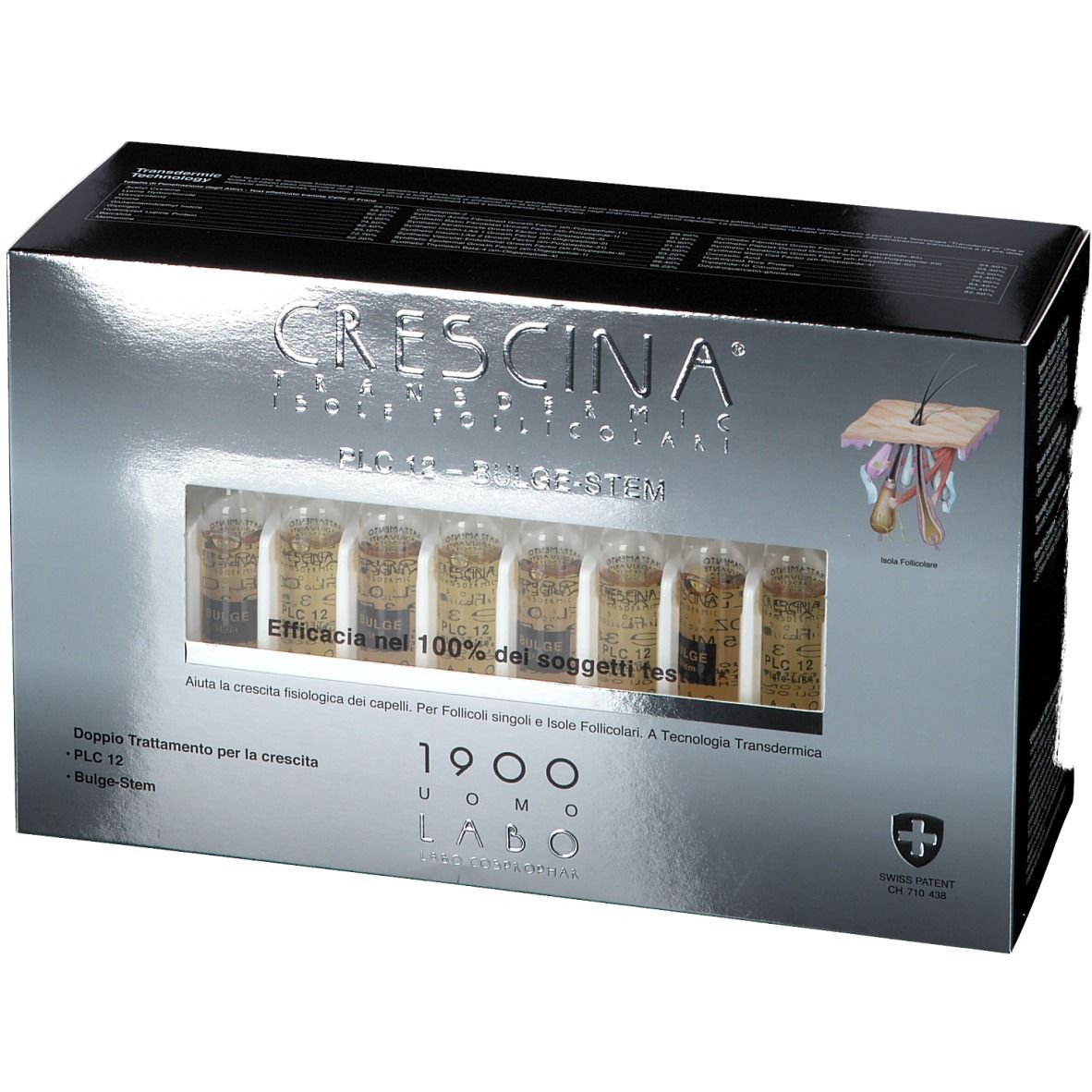 Scatola CRESCINA Transdermic PLC12 Bulge-Stem con fiale visibili. Scritta e logo del marchio.