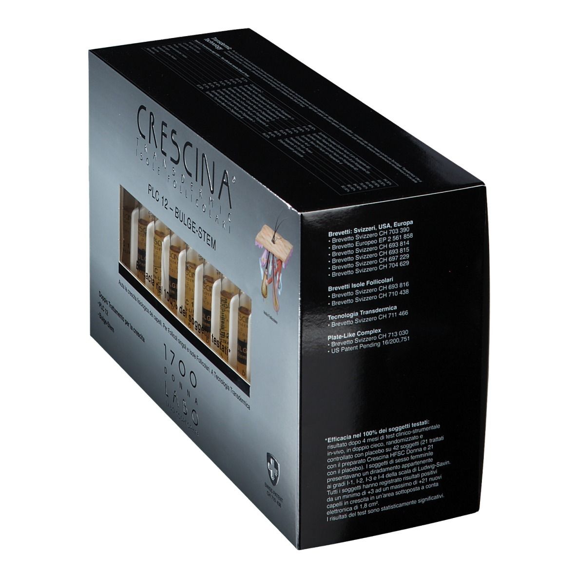 Scatola argentata con coperchio nero. Scritto: CRESCINA PLC12 Bulge-Stem. Finestra con fiale. Croce svizzera.