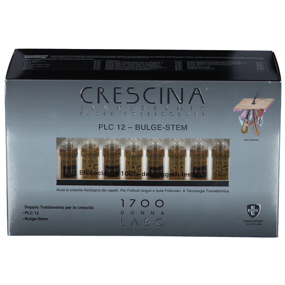 Scatola con sei fiale. Scritto: CRESCINA Transdermic PLC12 Bulge-Stem. Finestra. Croce svizzera.