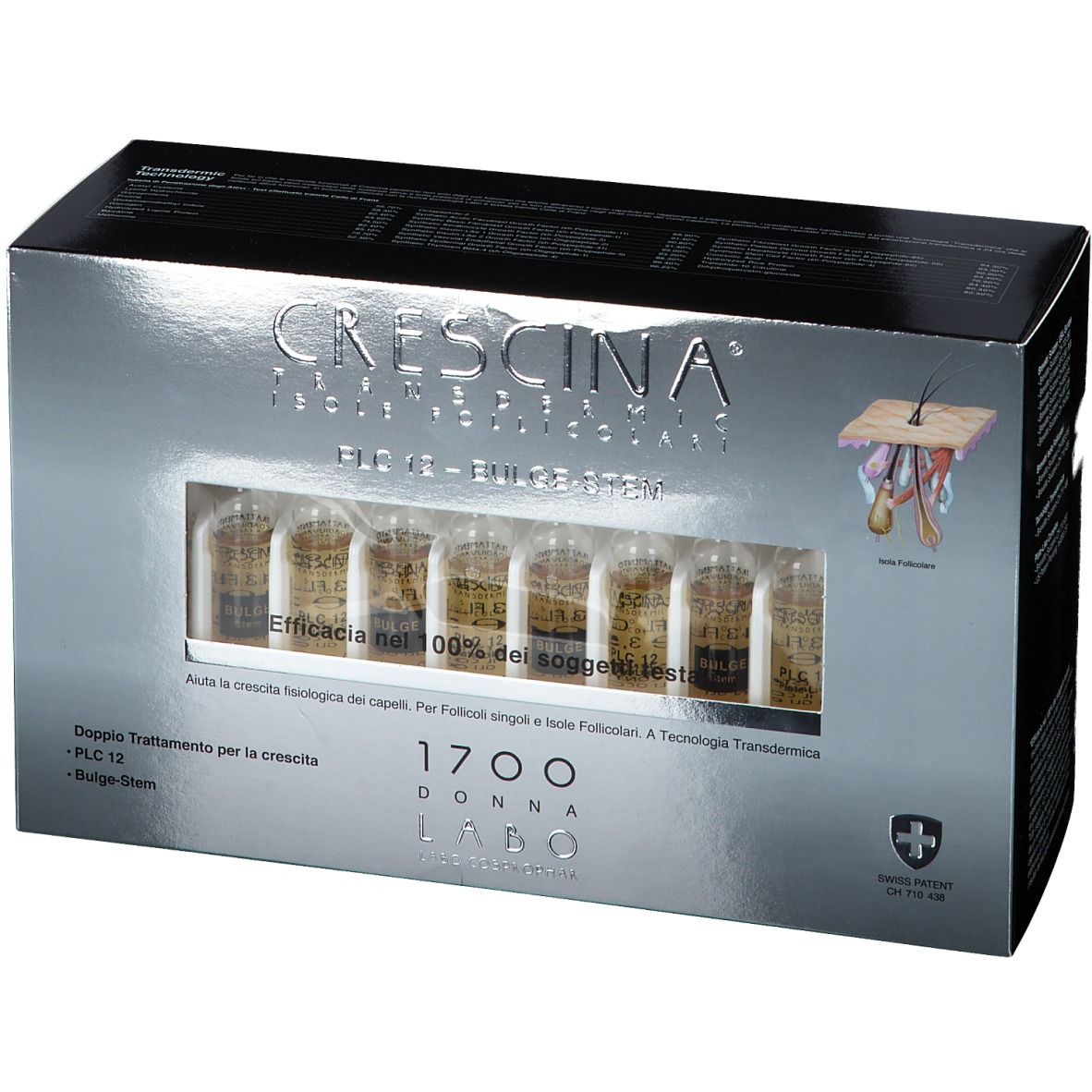 Scatola con sei fiale. Scritto: CRESCINA Transdermic PLC12 Bulge-Stem. Finestra. Croce svizzera.