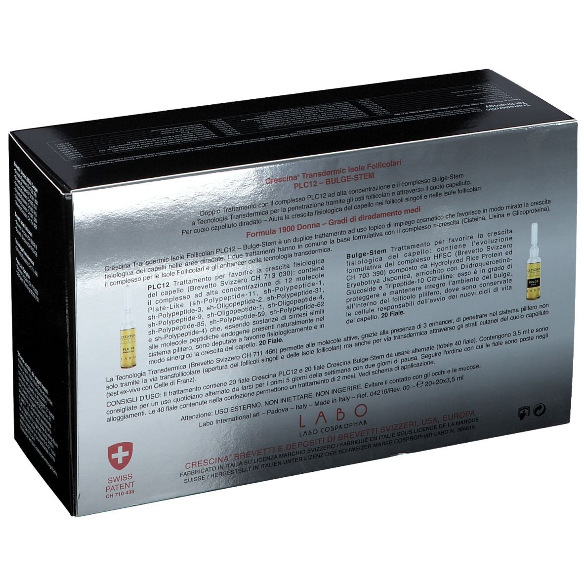 Retro della scatola con informazioni sul prodotto. Nome prodotto: CRESCINA® Transdermic PLC12 Bulge-stem. Croce svizzera.