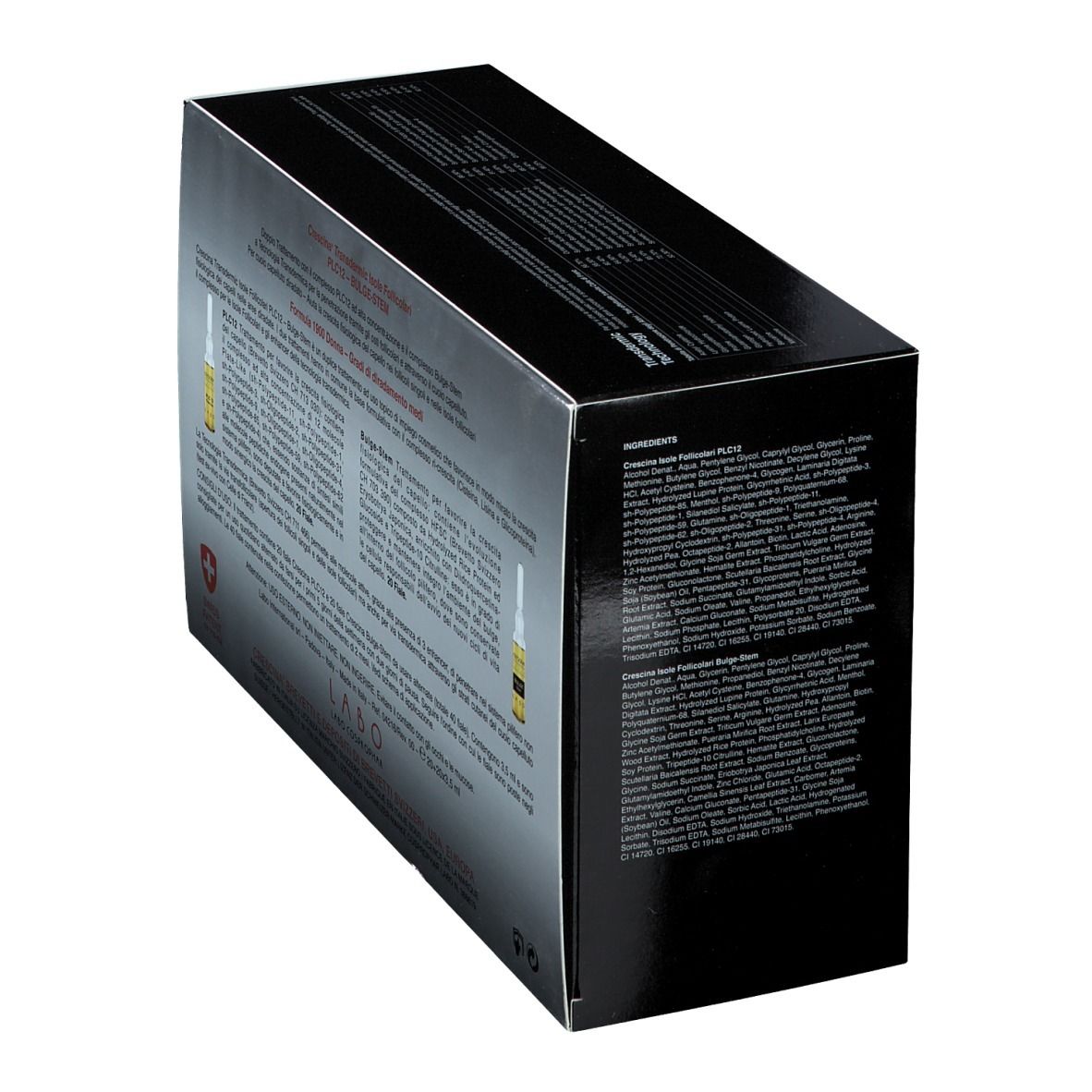 Retro della scatola con ingredienti. Nome prodotto: CRESCINA® Transdermic PLC12 Bulge-stem. Croce svizzera.