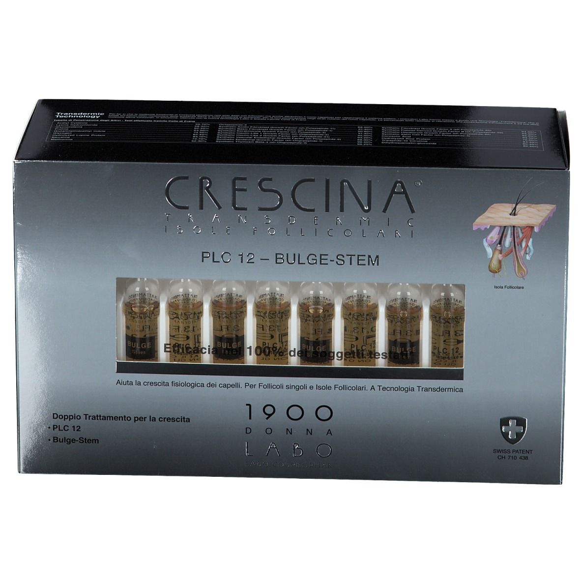 Scatola con fiale. Nome prodotto: CRESCINA® Transdermic PLC12 Bulge-stem. Fiale visibili all'interno. Croce svizzera.