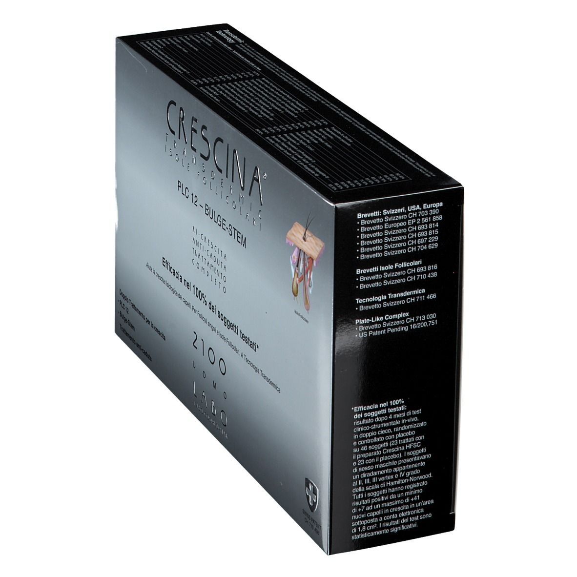 Scatola CRESCINA in prospettiva. Testo: trattamento completo anticaduta. Elenco brevetti e logo Swiss Patent.