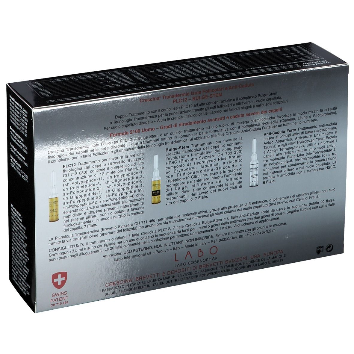 Retro della scatola. Informazioni prodotto, ingredienti e illustrazioni fiale. Brevetto svizzero.