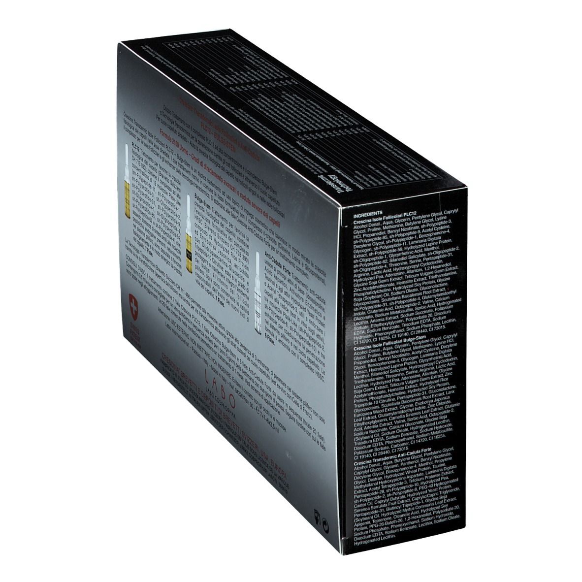 Scatola in prospettiva. Testo e ingredienti. Logo Swiss Patent. Dettaglio ingredienti.