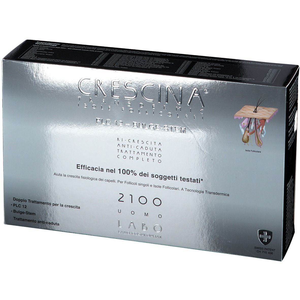 Scatola CRESCINA, trattamento completo anticaduta. Logo e testo. Brevetto svizzero.