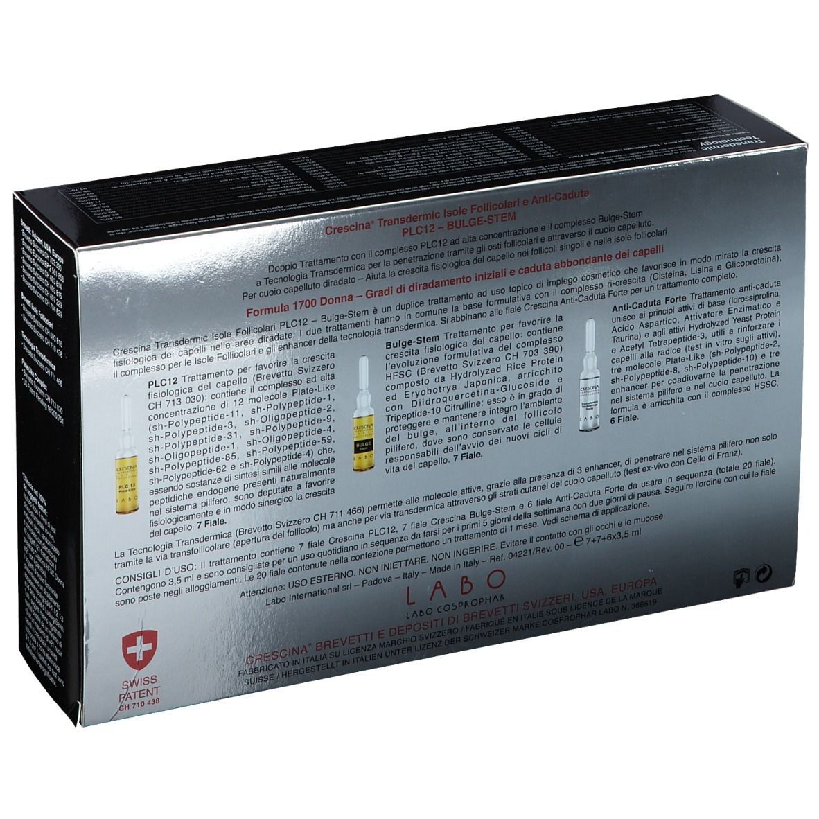 Retro della scatola CRESCINA Transdermic Follicular Islands PLC12 Bulge-stem 1700 Frau. Testo, logo e croce svizzera.