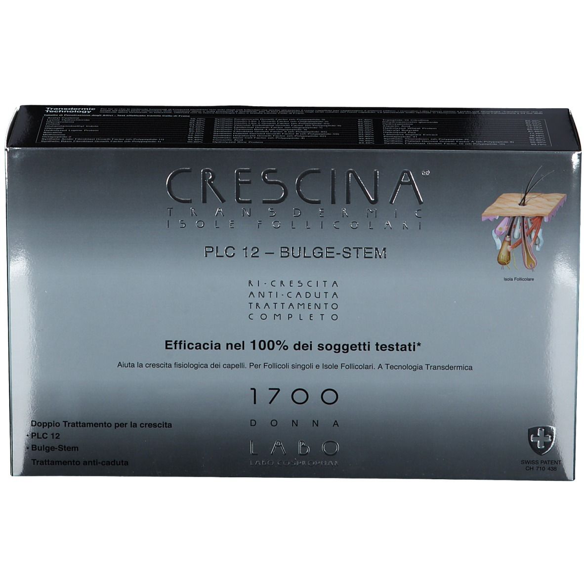 Scatola CRESCINA Transdermic Follicular Islands PLC12 Bulge-stem 1700 Frau. Argento, testo e logo. Croce svizzera.