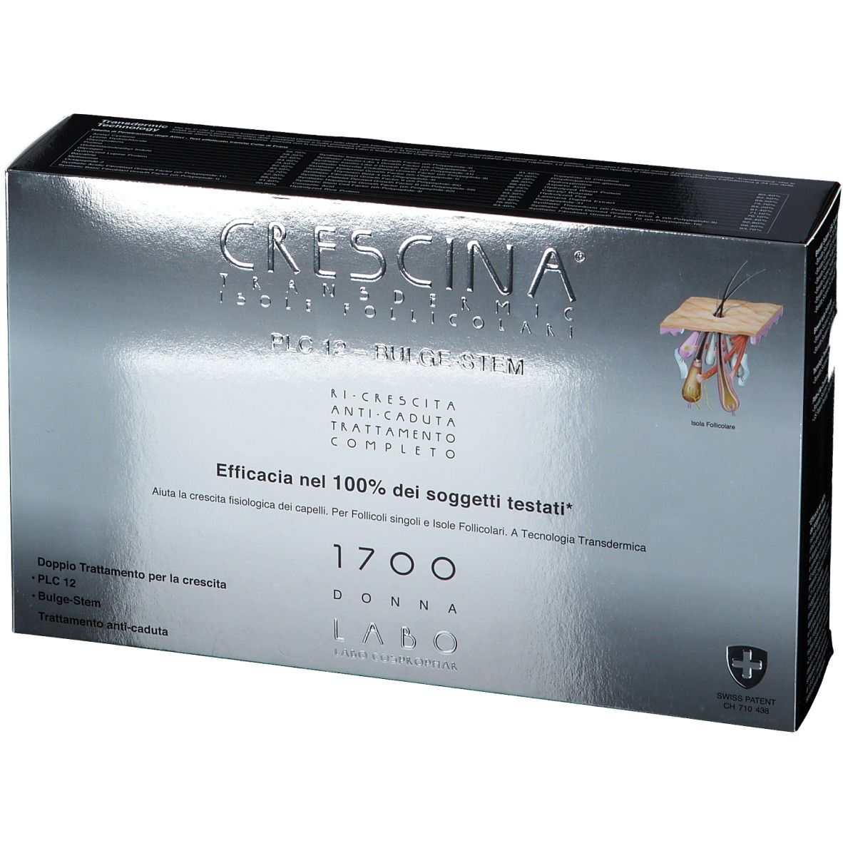 Scatola CRESCINA Transdermic Follicular Islands PLC12 Bulge-stem 1700 Frau. Argento, testo e logo. Croce svizzera.