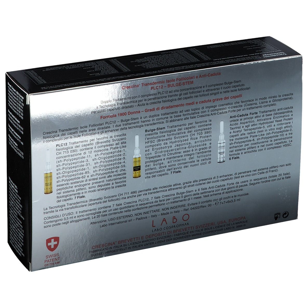 Retro della scatola. Informazioni sul prodotto e illustrazioni di fiale. Croce svizzera.