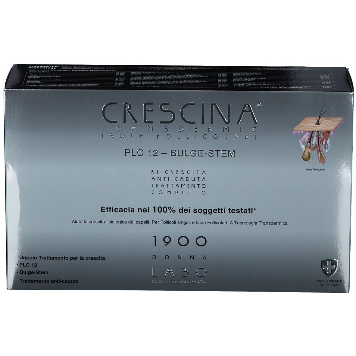 Scatola argentata con nome e logo del prodotto. Testo: Trattamento anticaduta. Croce svizzera.