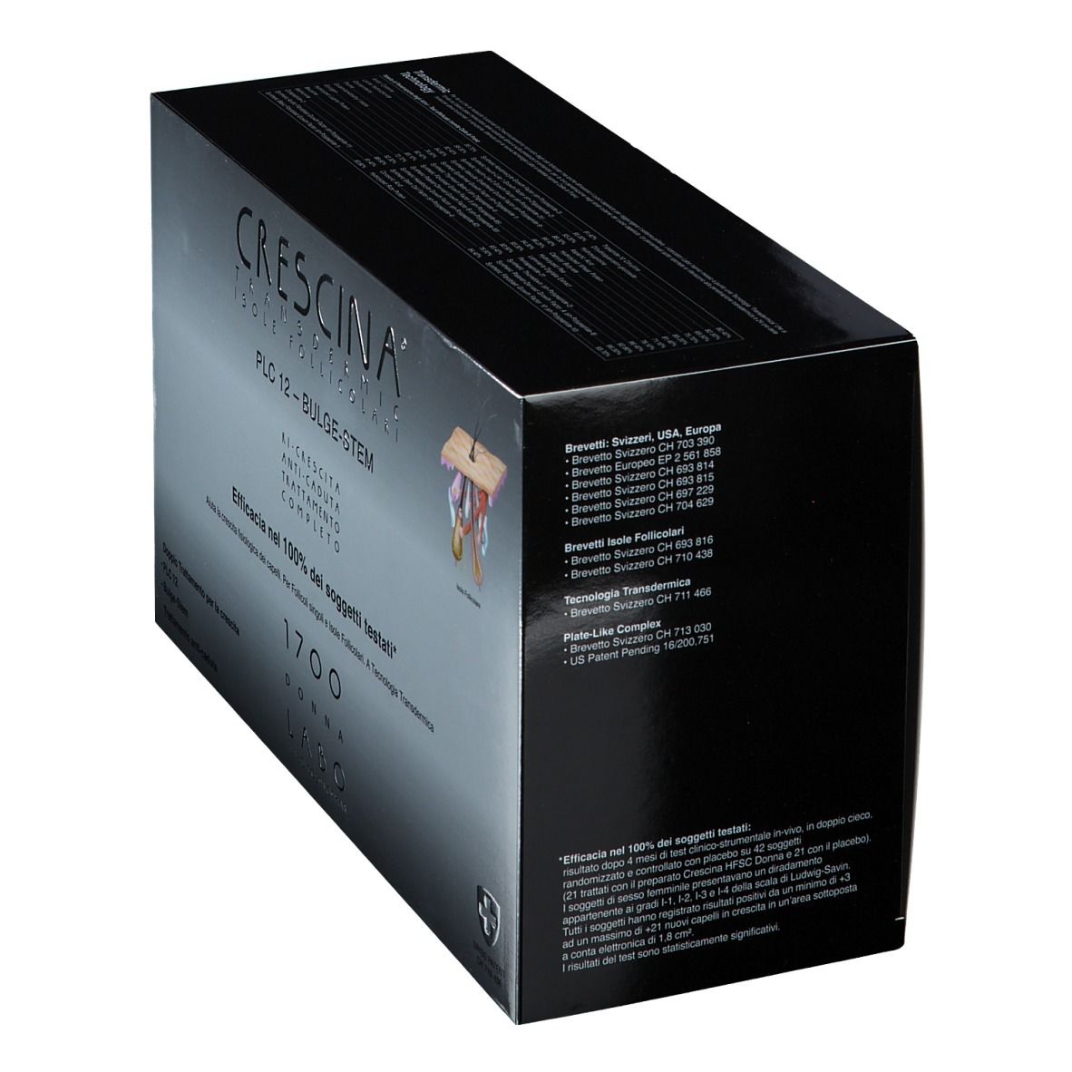 Confezione nera del prodotto. Testo: CRESCINA, PLC12, Bulge-Stem. Logo: Croce Svizzera. Informazioni sui brevetti.