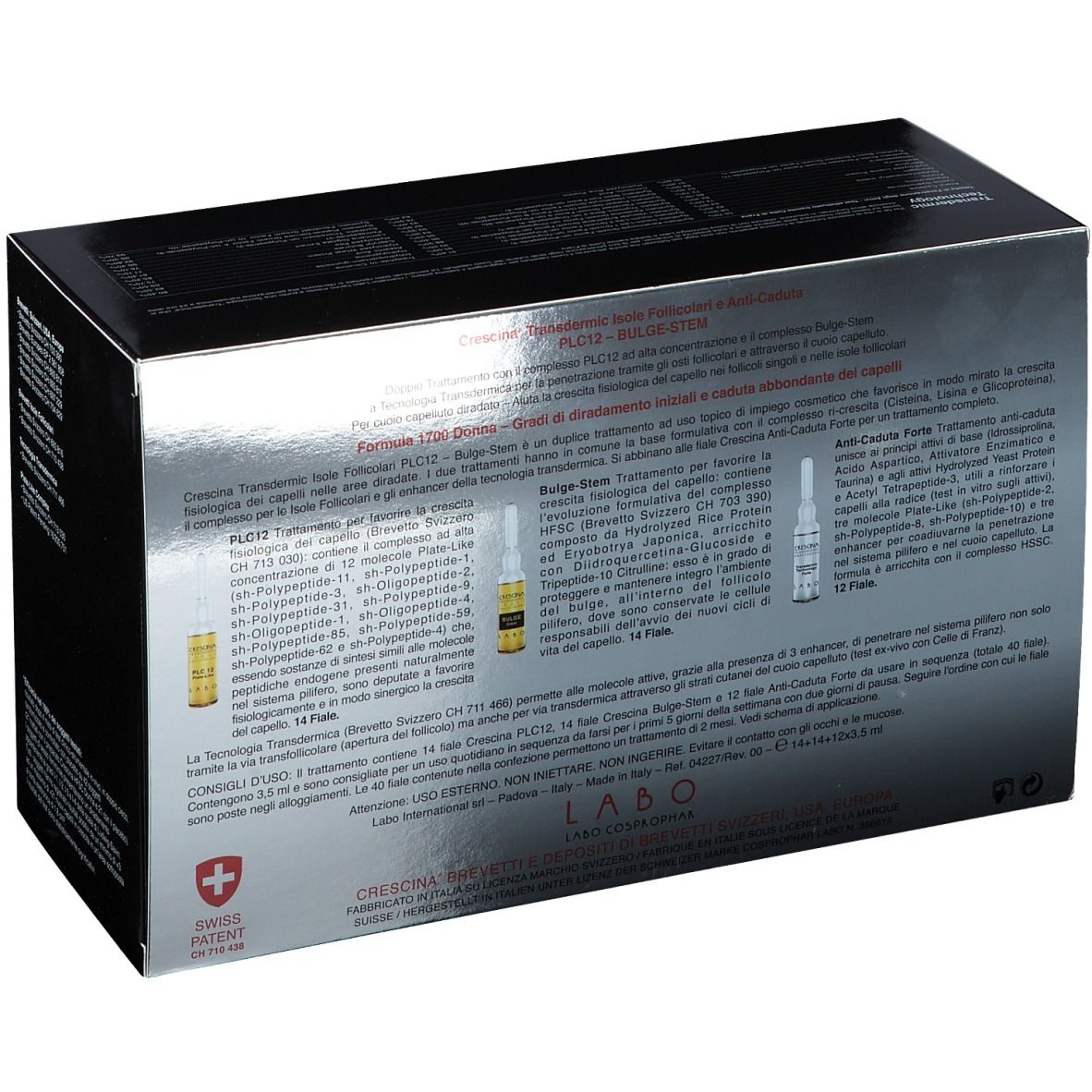 Confezione del prodotto con fiale. Testo: CRESCINA, PLC12, Bulge-Stem, 1700, Frau. Logo: Croce Svizzera. Fiale.