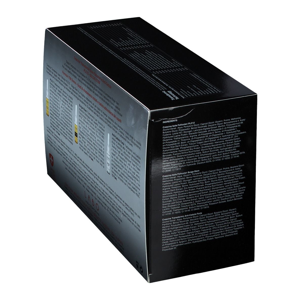 Confezione del prodotto con testo. Testo: Ingredienti, CRESCINA, PLC12, Bulge-Stem. Logo: Croce Svizzera.