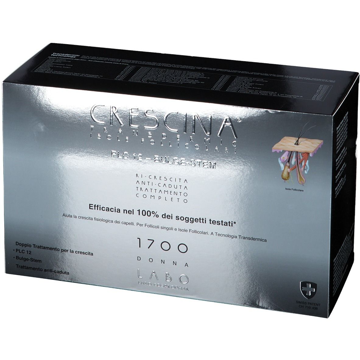 Confezione del prodotto. Testo: CRESCINA, PLC12, Bulge-Stem, 1700, Frau. Logo: Croce Svizzera. Illustrazione del cuoio capelluto.