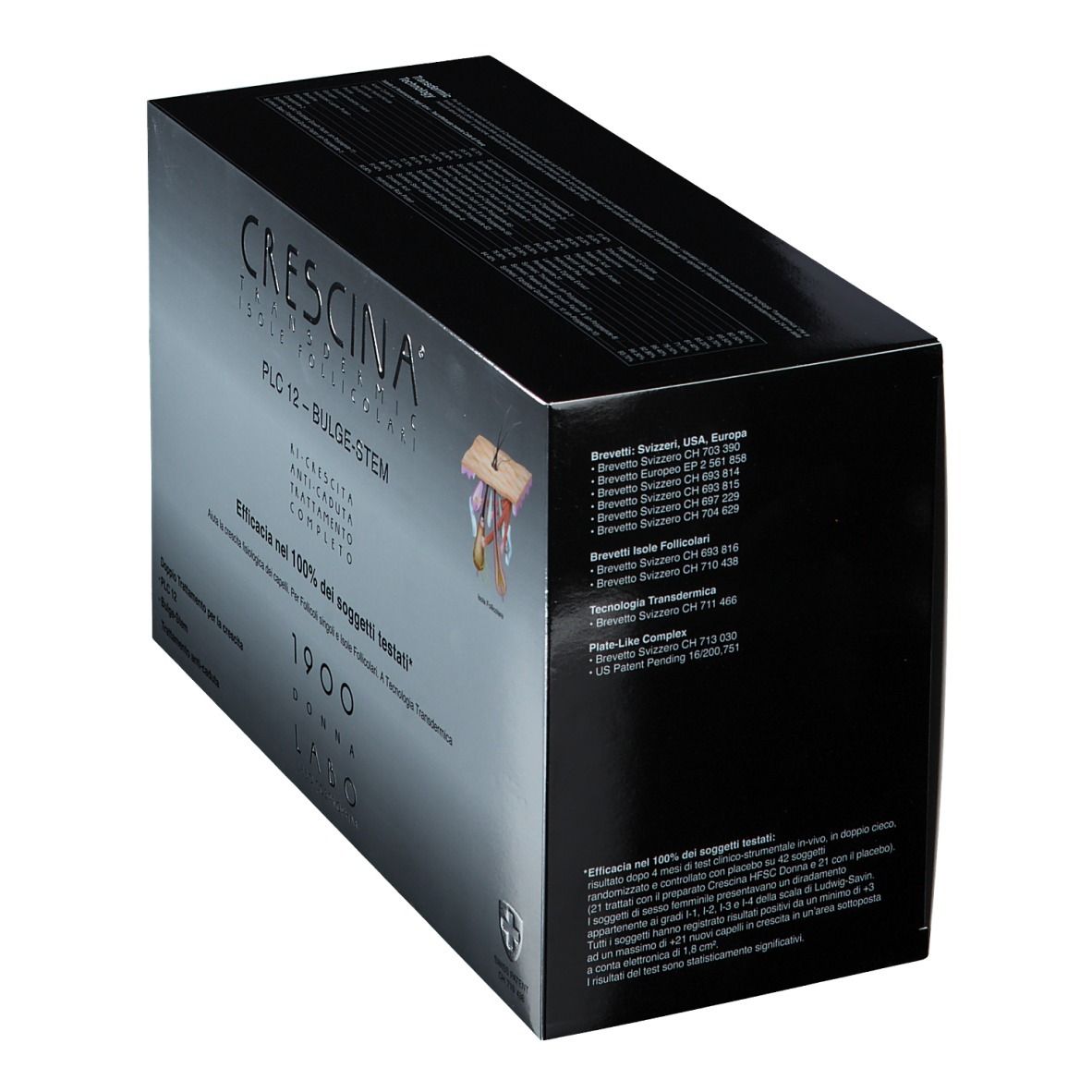 Scatola nera con stampa argentata. Testo: CRESCINA, PLC12, Bulge-Stem, 1900 Donna. Croce svizzera.