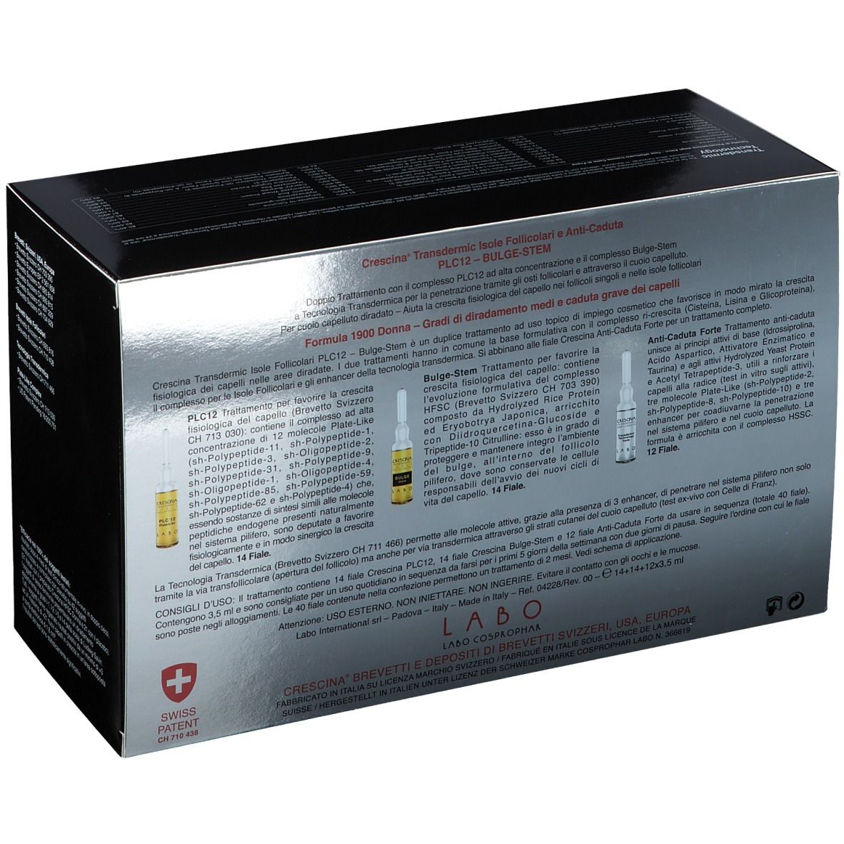 Scatola con informazioni sul prodotto e fiale. Testo: CRESCINA, PLC12, Bulge-Stem, 1900 Donna. Croce svizzera.