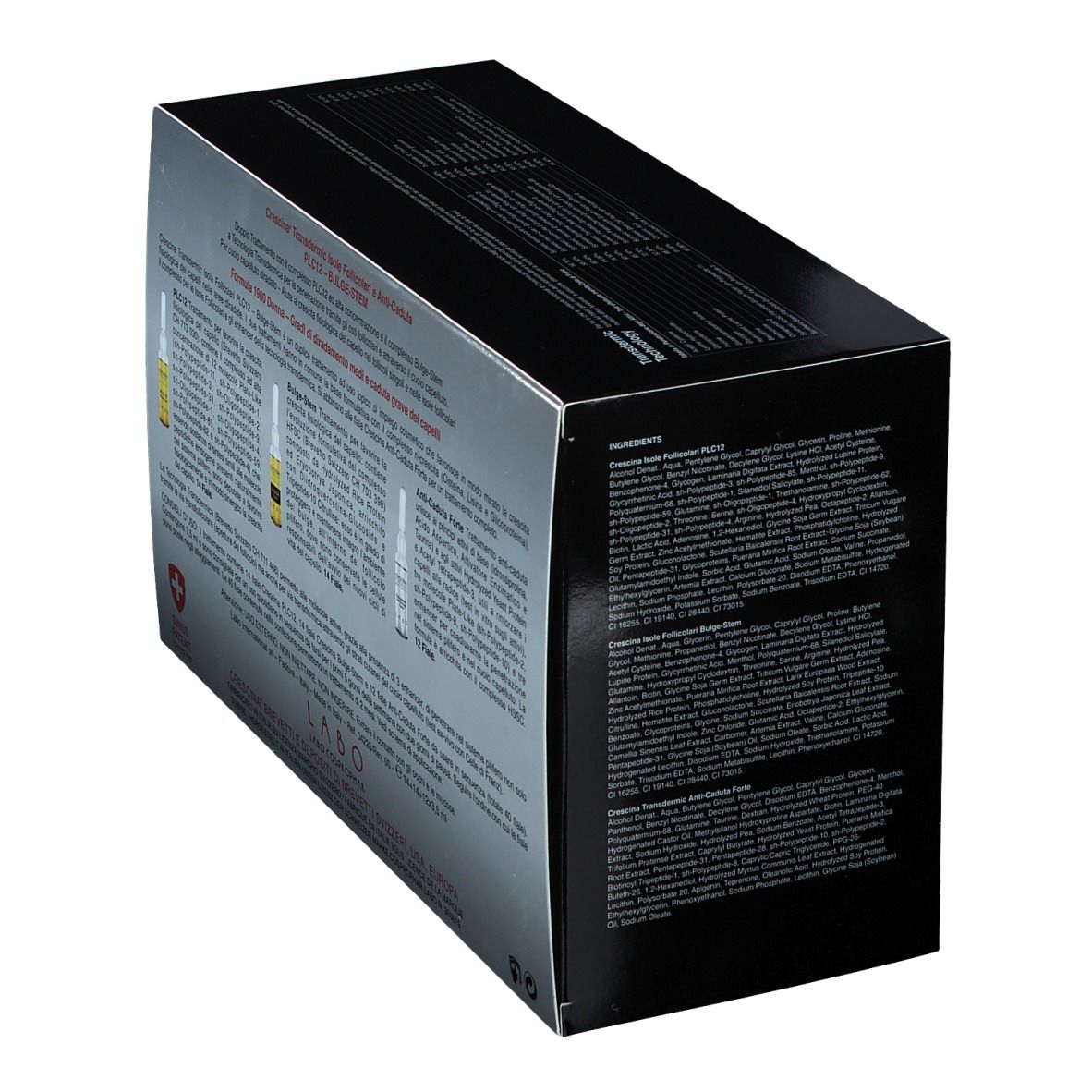 Scatola con informazioni sul prodotto. Testo: CRESCINA, PLC12, Bulge-Stem, 1900 Donna. Croce svizzera. Dettaglio.