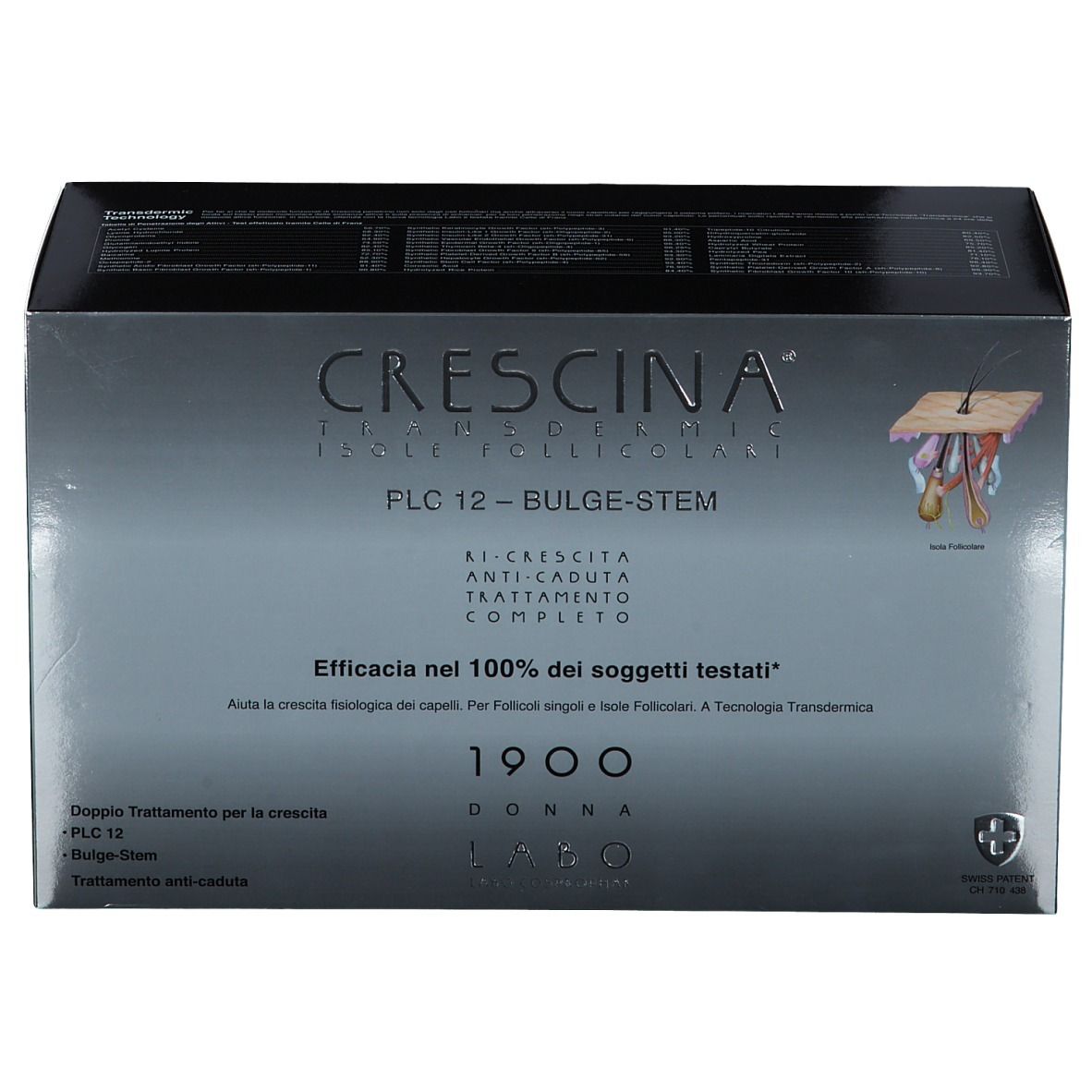Scatola CRESCINA, PLC12, Bulge-Stem, 1900 Donna. Colori argento e nero. Testo e illustrazione del follicolo pilifero.