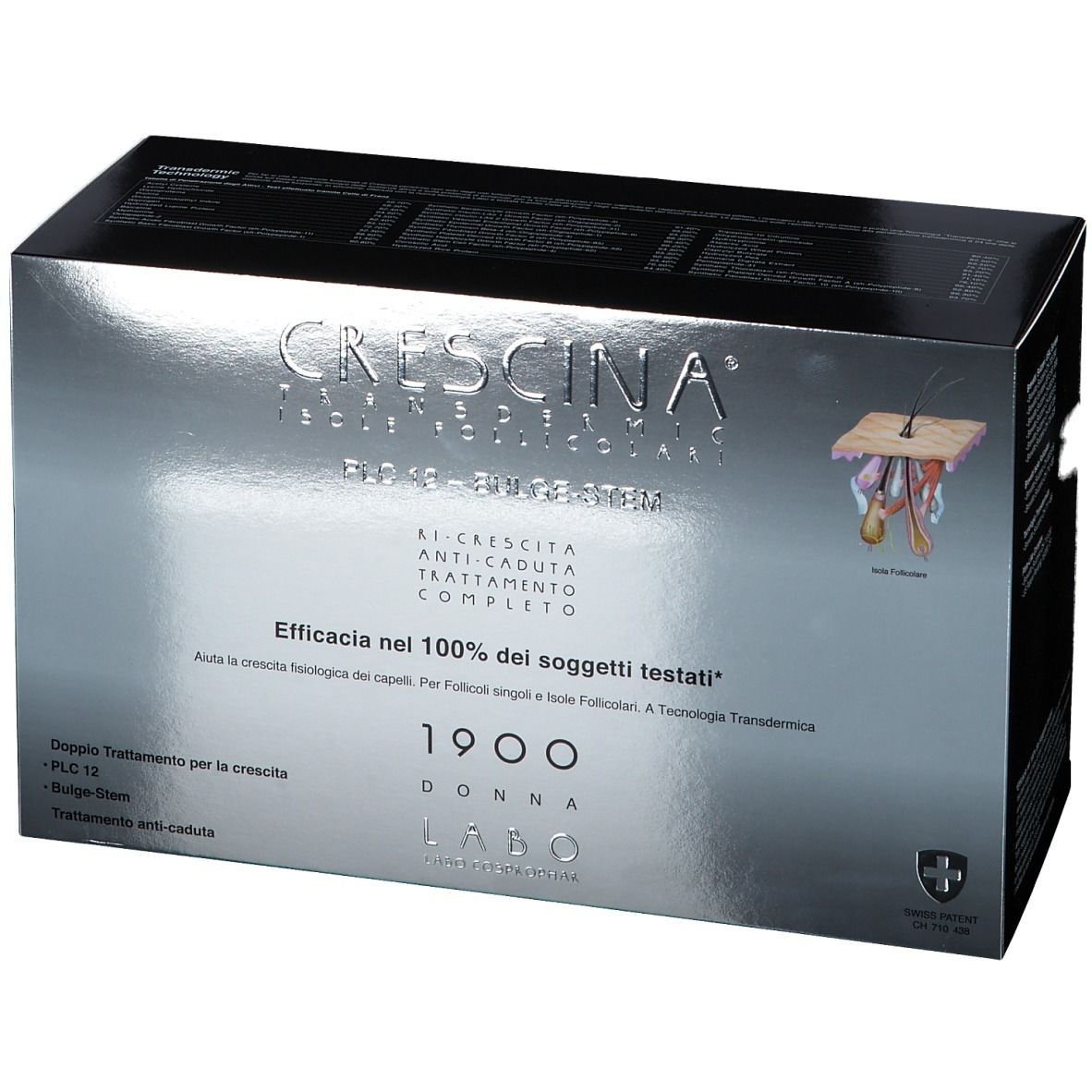 Scatola CRESCINA, PLC12, Bulge-Stem, 1900 Donna. Colori argento e nero. Testo e illustrazione del follicolo pilifero.