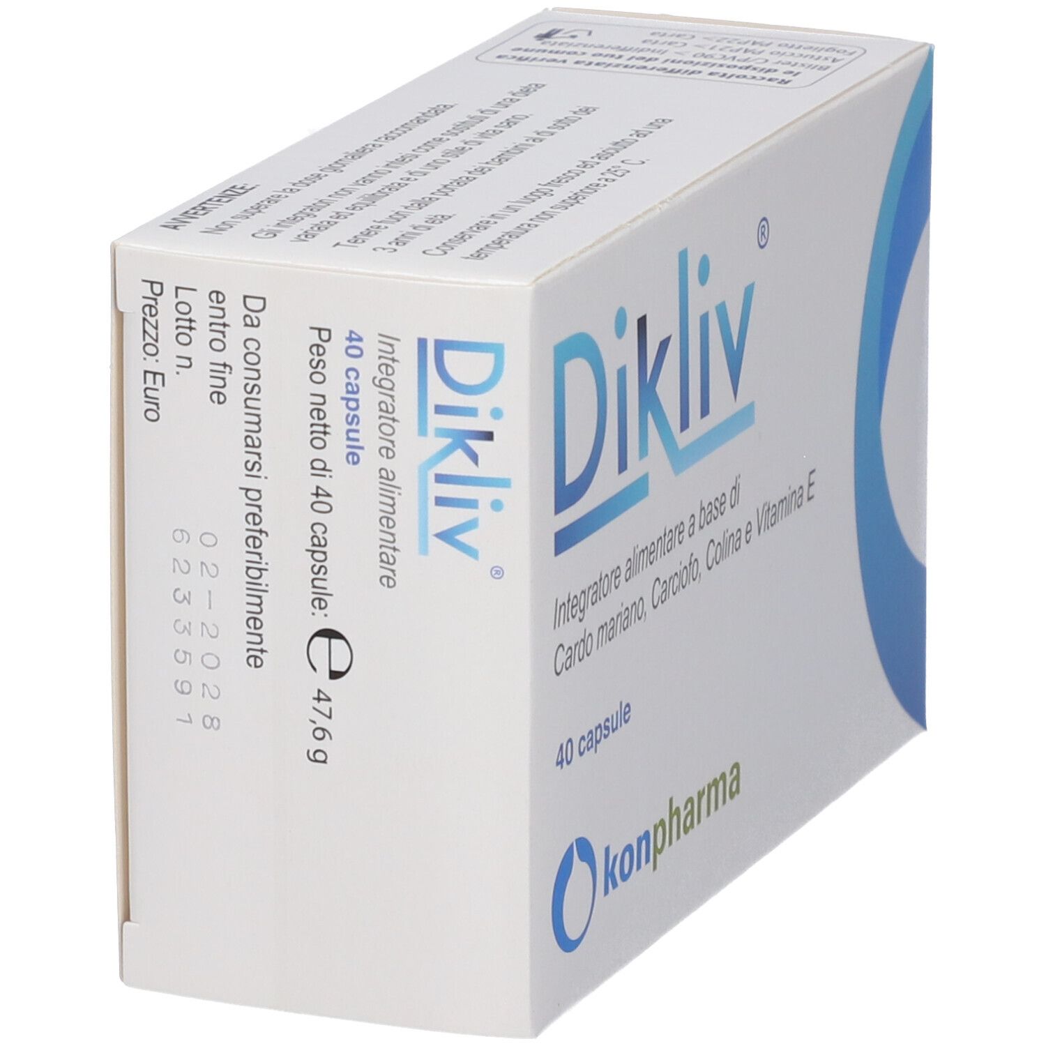 Scatola "Dikliv" in prospettiva. Contiene 40 capsule. Informazioni ingredienti e scadenza. Marchio: Konpharma.