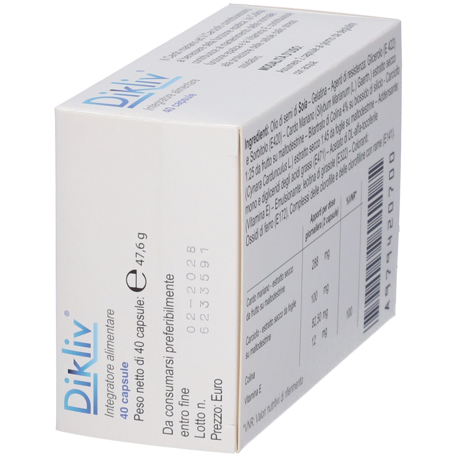 Scatola "Dikliv" con informazioni ingredienti e tabella nutrizionale. Contiene 40 capsule. Marchio: Konpharma.