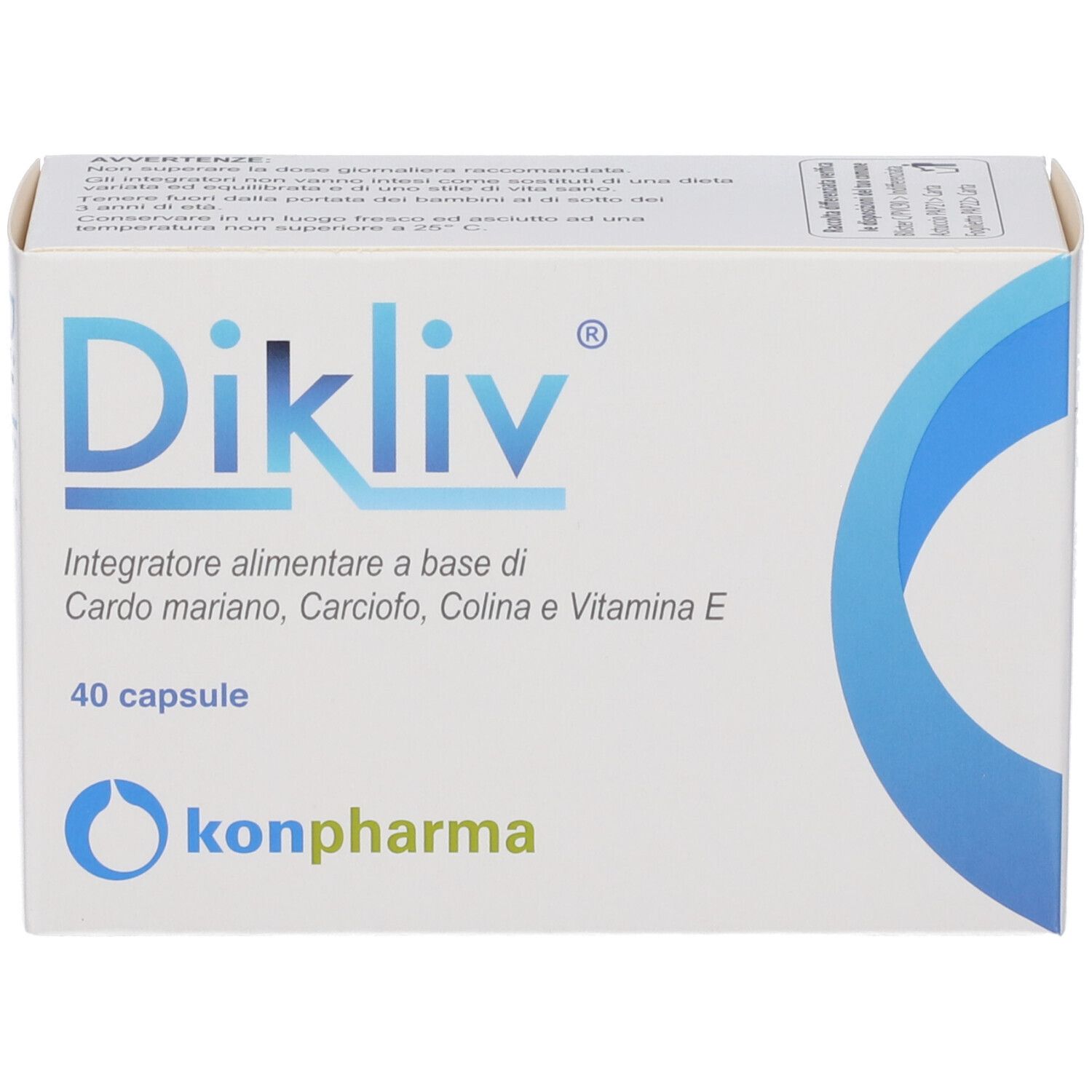 Scatola bianca "Dikliv" con informazioni e logo del prodotto. Contiene 40 capsule. Marchio: Konpharma. Elementi blu.