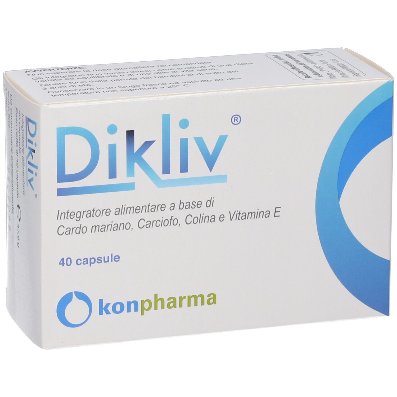 Scatola bianca "Dikliv" con informazioni e logo del prodotto. Contiene 40 capsule. Marchio: Konpharma. Elementi blu.