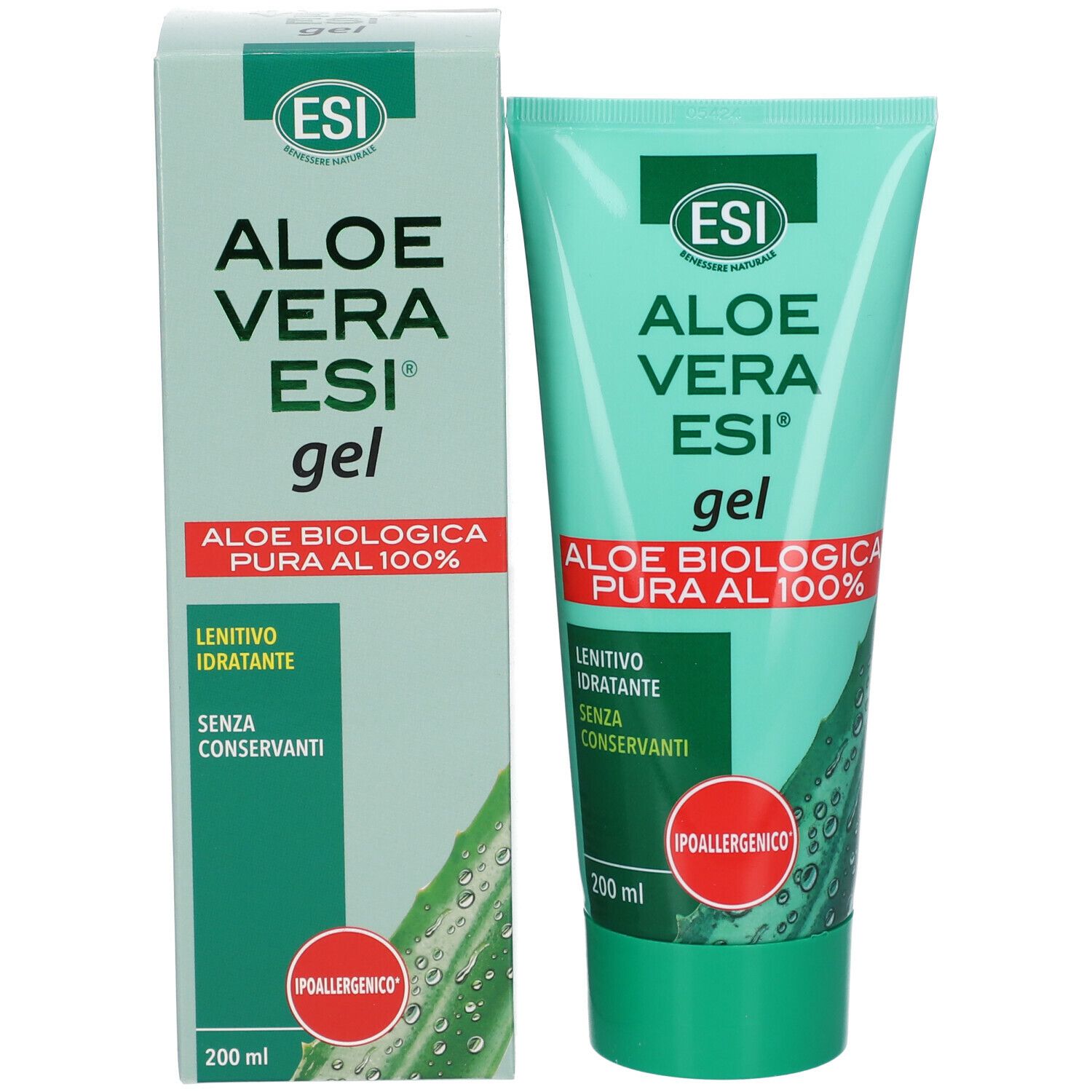 Gel Aloe Vera ESI® e confezione. Testo: Aloe Vera ESI® gel, Aloe biologica pura al 100%, lenitivo idratante, senza conservanti. Ipoallergenico. 200 ml.