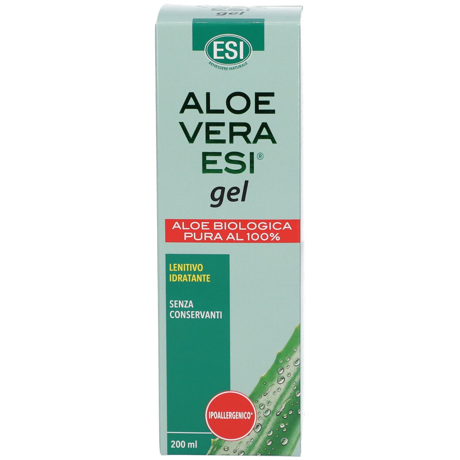 Confezione di gel Aloe Vera ESI®. Testo: Aloe Vera ESI® gel, Aloe biologica pura al 100%, lenitivo idratante, senza conservanti. Ipoallergenico. 200 ml.