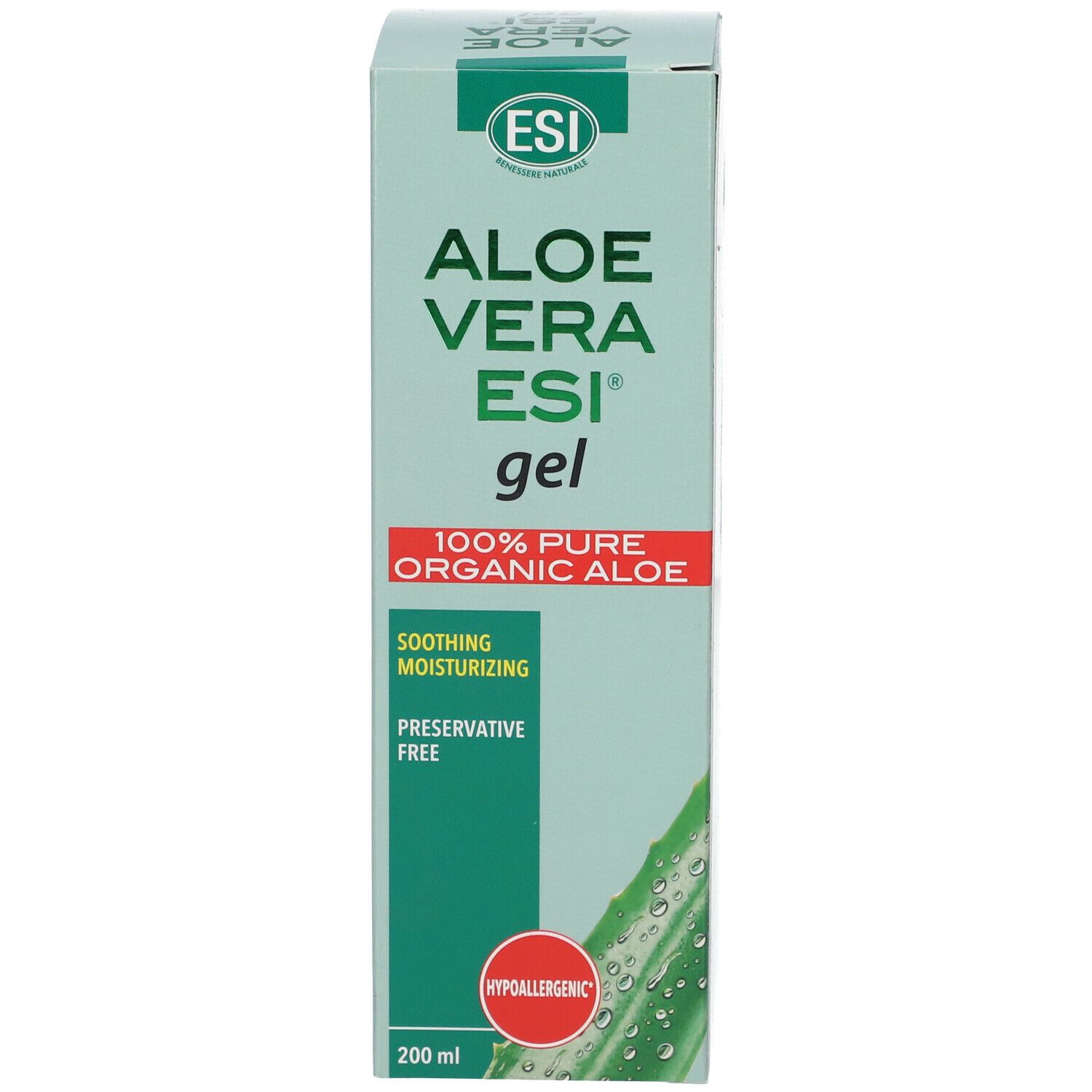 Confezione di gel Aloe Vera ESI®. Testo: Aloe Vera ESI® gel, 100% pure organic aloe, soothing moisturizing, preservative free. Hypoallergenic. 200 ml.