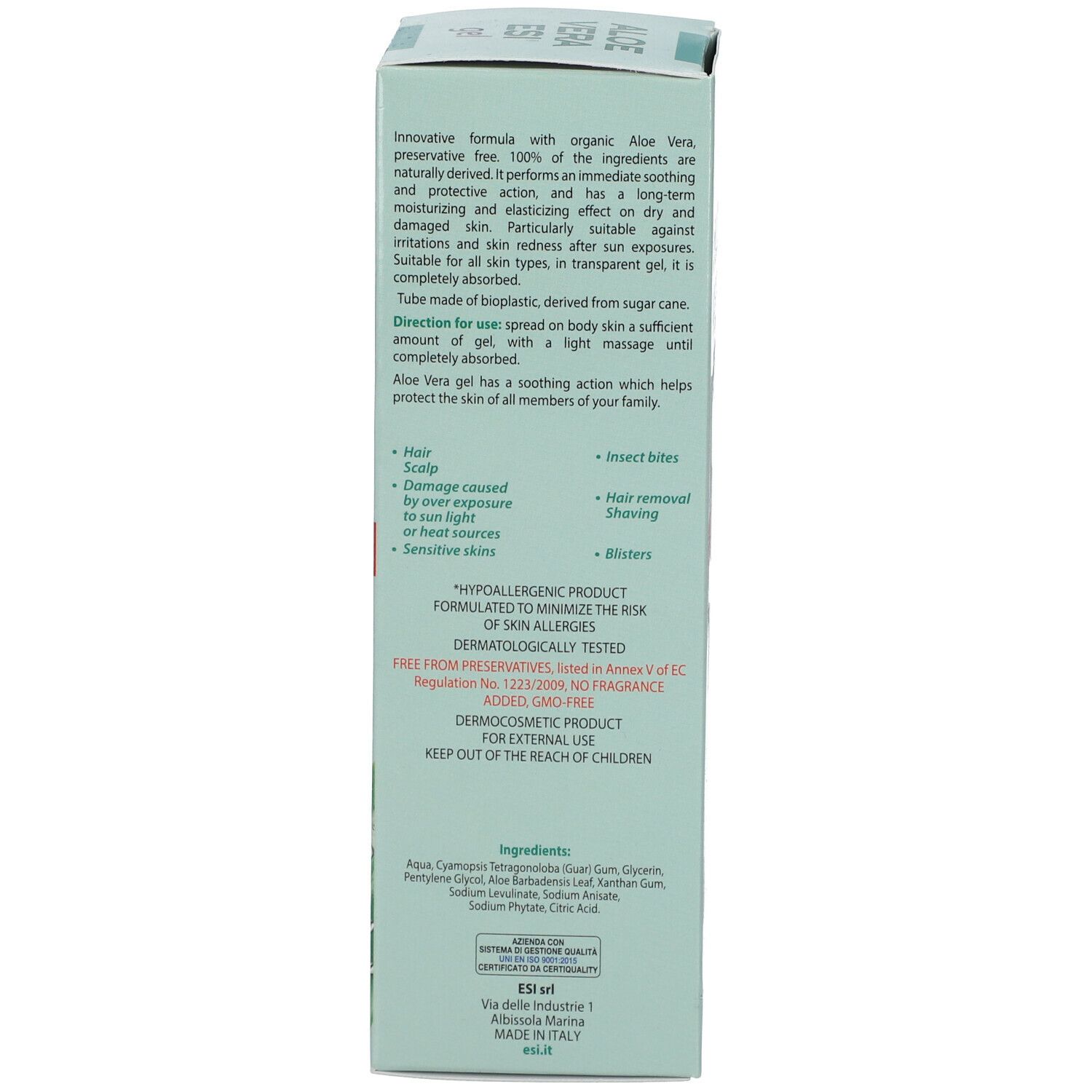 Retro della confezione del gel Aloe Vera ESI®. Testo: ingredienti, dermatologicamente testato, senza profumo, 200 ml.