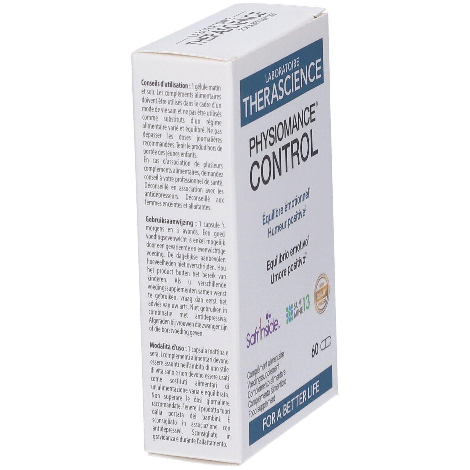 Scatola bianca con testo in francese, olandese e italiano. Informazioni sull'uso e sugli ingredienti. Marchio THERASCIENCE.