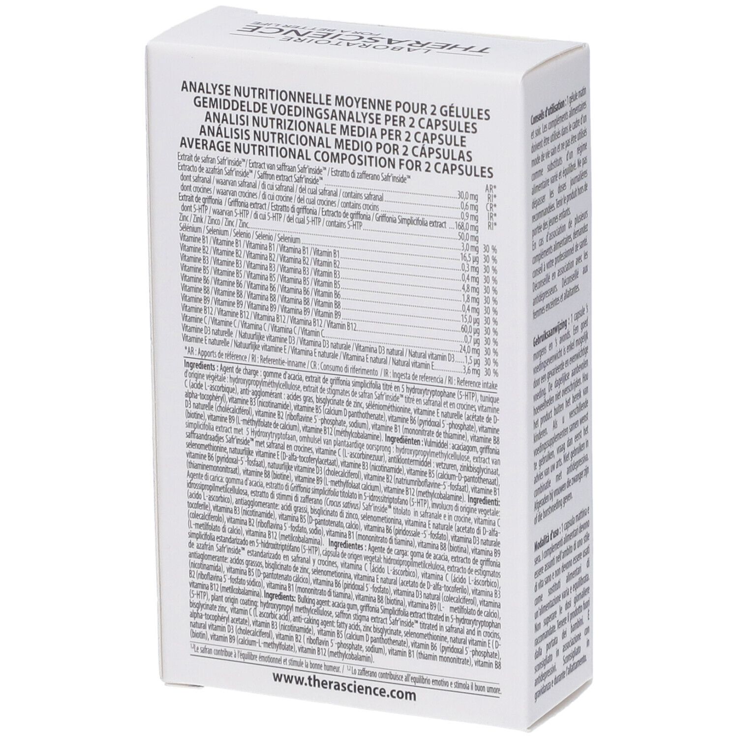 Retro della scatola bianca con informazioni nutrizionali in più lingue. Contiene informazioni sugli ingredienti. Marchio THERASCIENCE.
